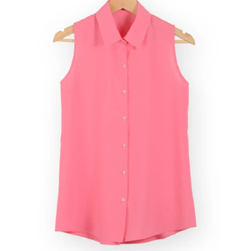 Women Turn-down Chiffon Blouse Summer Shirt Blusas Femeninas Solid Vest Tops Loose Sleeveless Thin And Light Chiffon Blouse