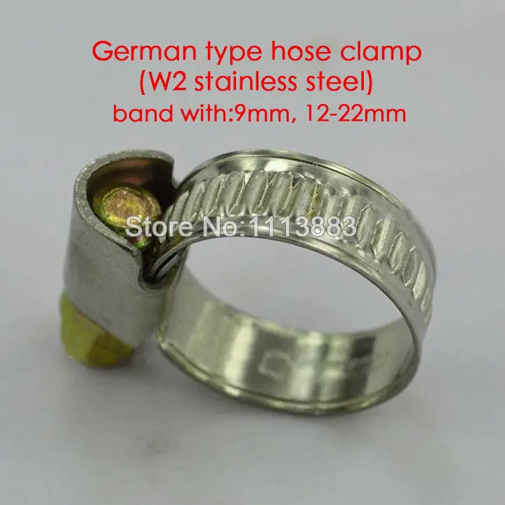 German style adjustable hose clips pipe clamps, 9mm band width, W2 stainless steel(12-22mm)