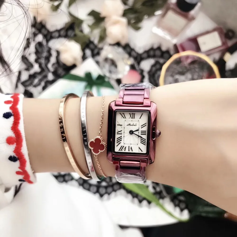 Vintage Square Women Business Watches Anti Fading Purple Bracelet Watch 2 Hands Analog Quartz Wrist watch Roman Number Montre