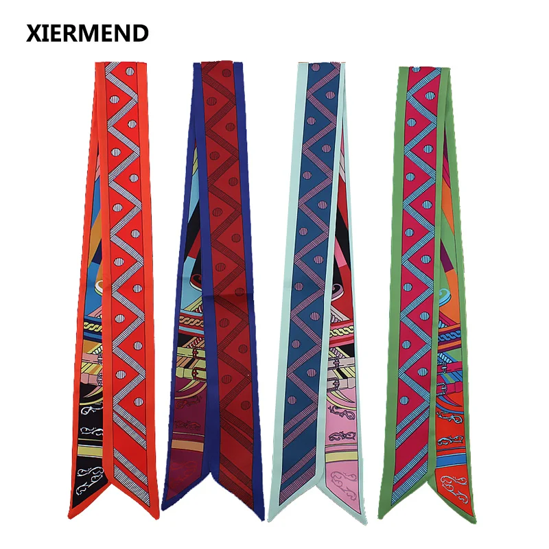 2018 Twill narrow long Scarf Geometric fashion woman Tie Bag Handle Ribbon Hairband Shawl Scarf headscarf skinny scarves