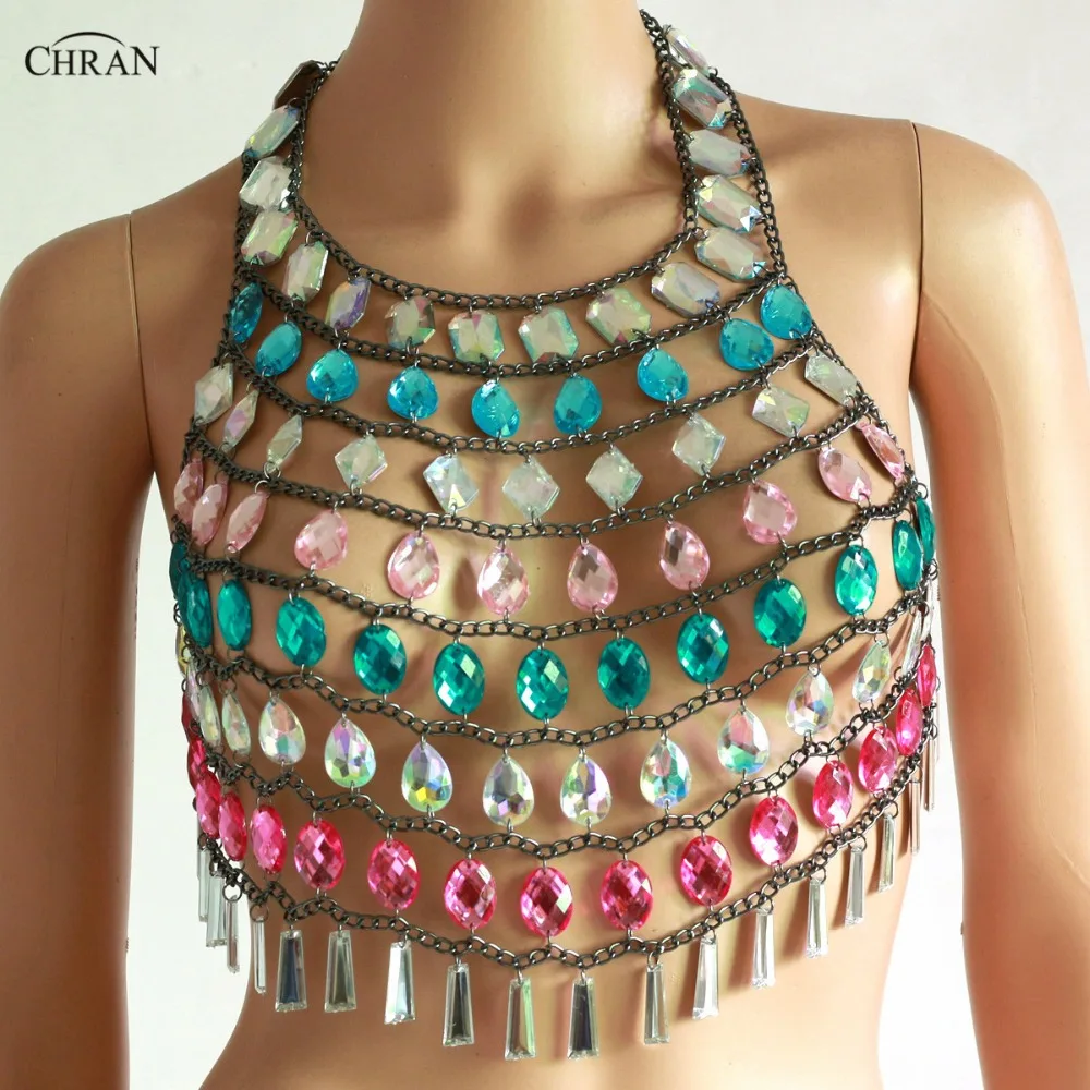 Chran Metal Chain Body Harness Bra Crystal Chest Belt Waist Jewelry Sequins Caged Top Plus Size Women Halloween Rave Wear