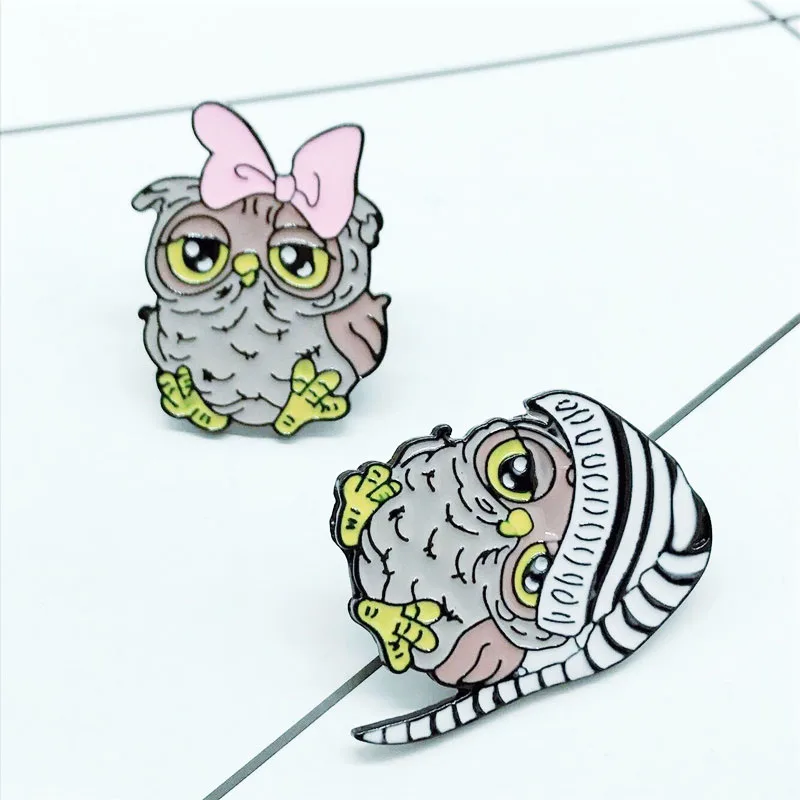 New Owl Brooch Bow Owl Long-tailed Owl Couple Animal Brooch Gift Child Cute Cartoon Badge Gift Jewelry Backpack Clothing Pendant