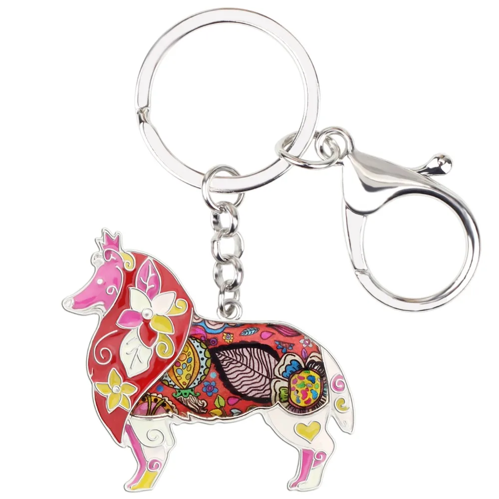 Bonsny Enamel Metal Border Rough Collie Dog Key Chain Key Ring Handbag Charm Fashion Animal Jewelry For Women Accessories