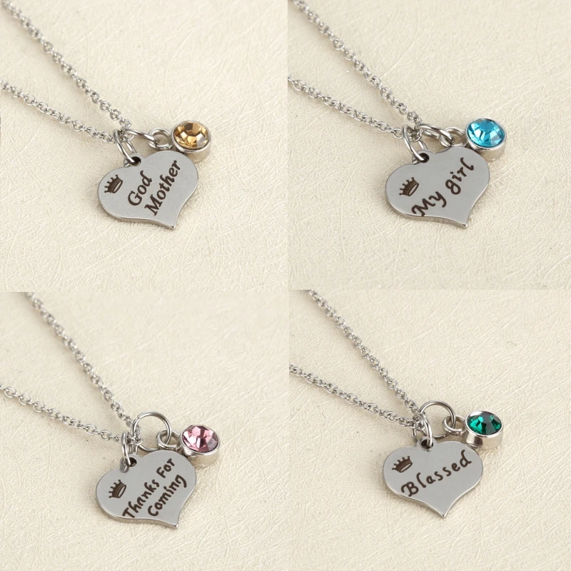 Fashion Jewelry Stainless steel heart letter God mother with birthstone Charm Pendant Necklace women tag Necklace Love Gifts