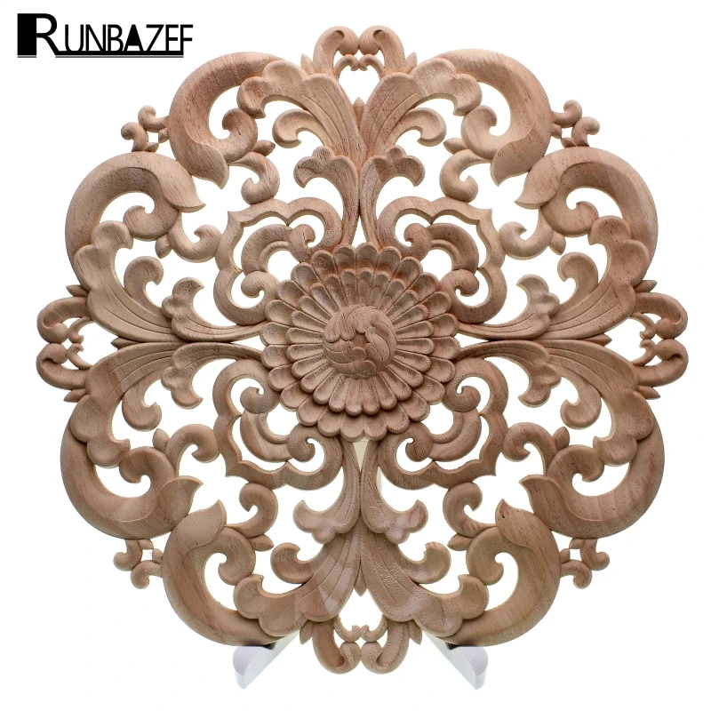 RUNBAZEF-Woodcarving Decoração De Móveis, Porta De Madeira Maciça, Applique Redondo, Artesanato Em Miniatura, Estatueta, Flor De Tempestade