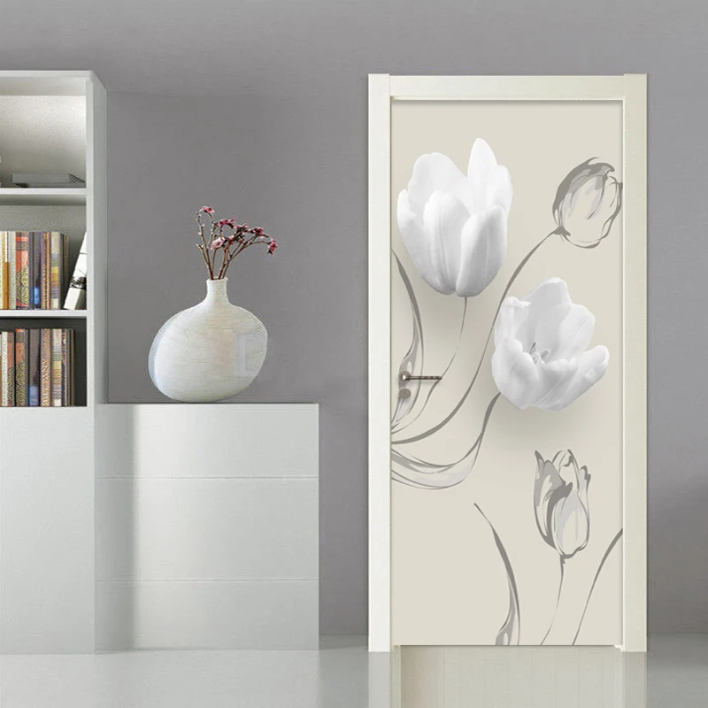 Modern Simple White Flowers Door Sticker Living Room Bedroom PVC Self-Adhesive Waterproof Mural Wallpaper For Walls 3 D Stickers