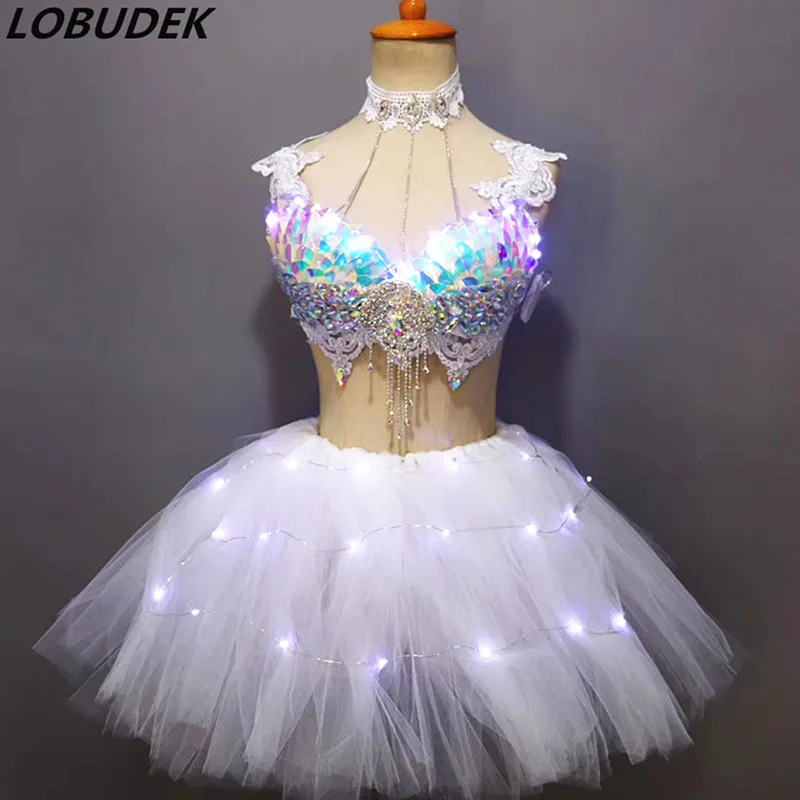 

LED Rhinestones Bikini White Mesh Bubble Skirt Women Sexy Nightclub DJ DS Costume Sequins Bra LED Tutu Skirts Pole Dance Costume