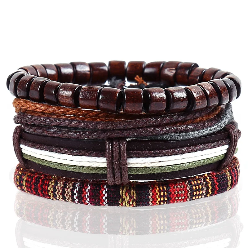 4pcs/set hippie punk boho dark brown leather wood beads wax cord knots wrap wide Bracelets Bangles for man hand jewelry