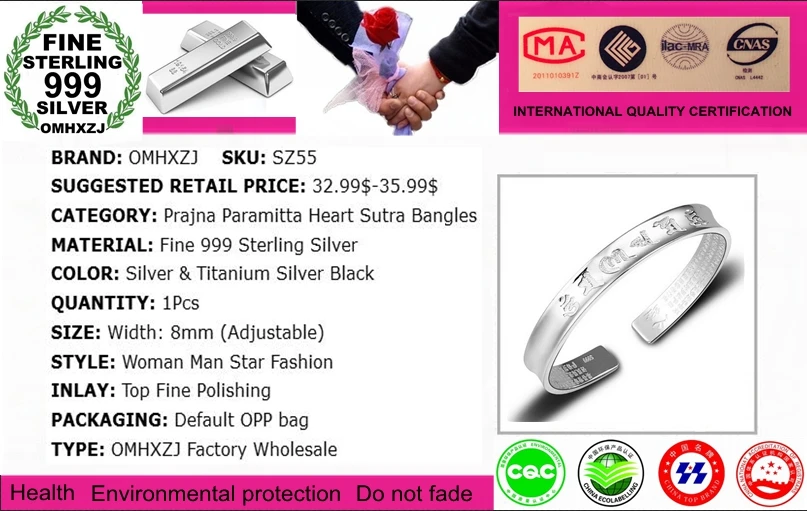 OMHXZJ Wholesale Fashion Woman Child Couple Gift Paramitta Heart Sutra 999 Sterling Silver Thai Silver Bracelet Adjustable SZ55