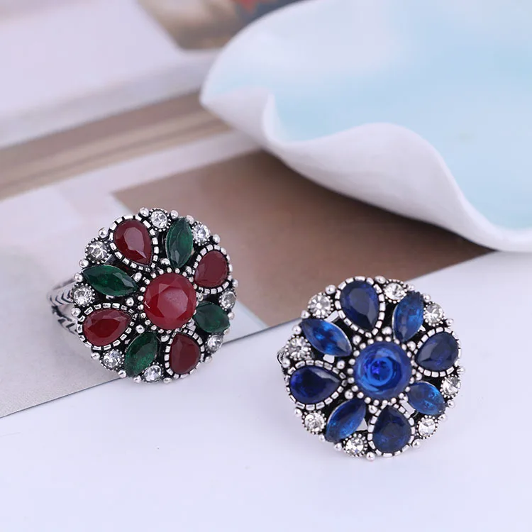 New Vintage Necklace Set Fashion Ring Earrings For Women India Jewelery Sets Red Beads Costume Jewelry Silver-Color