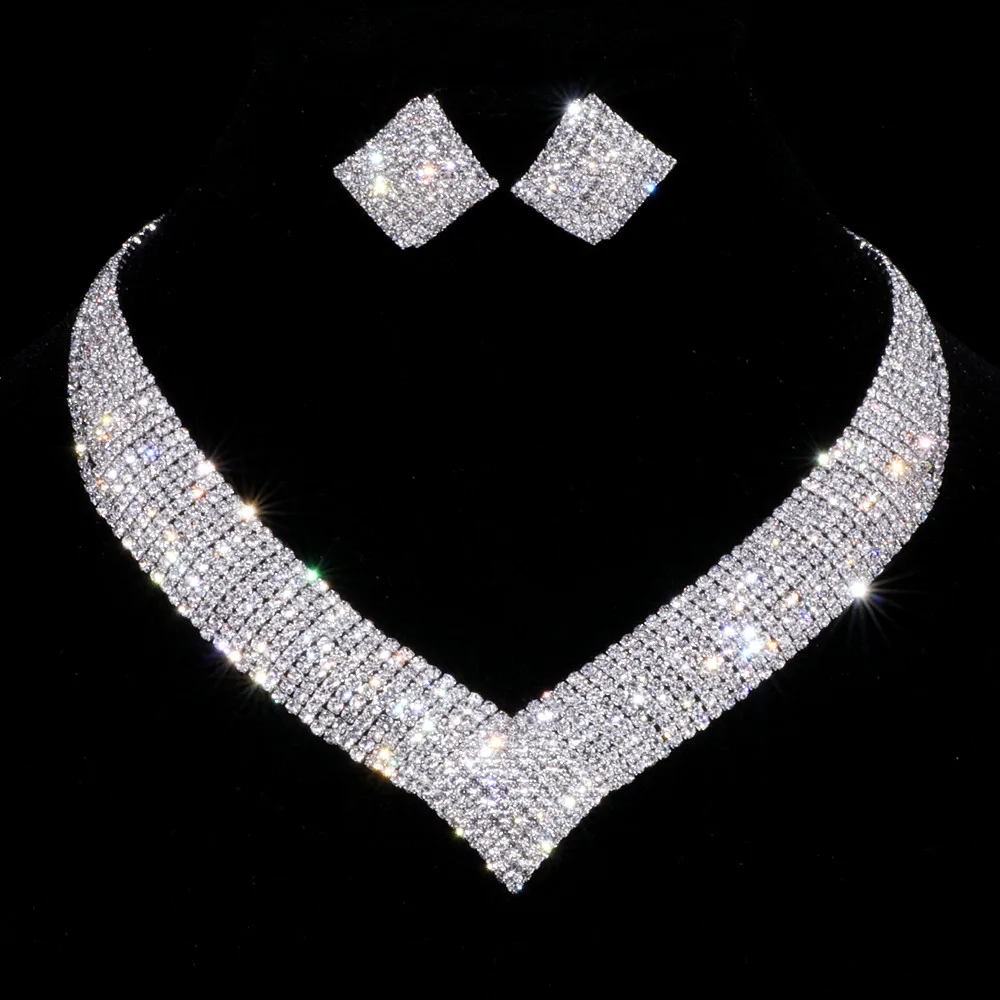 2023 New Luxury Classic Crystal Wedding Jewelry Sets for Women Clear Geometric Rhinestone Necklace Set Bridal Engagement Jewelry