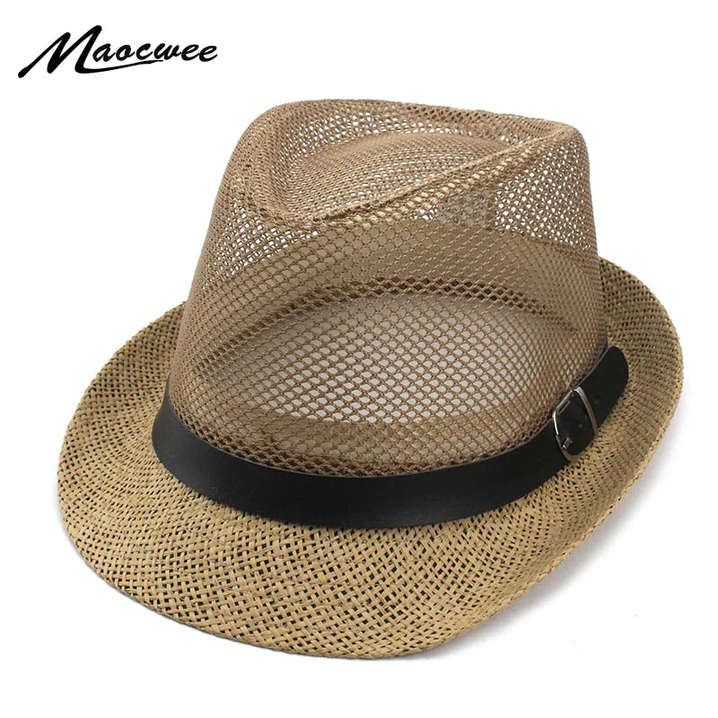 Summer Men Women Jazz Gangster Cap Fedora Hat Trilby Straw Panama Hat Outdoor Beach Sun Mesh hat Breathable Adults British Style