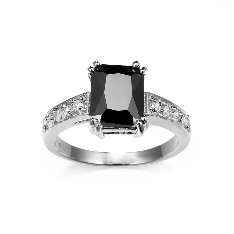 Genuine Sterling Silver Color Ring With Black Cubic Zirconia For Women With Stamp Wedding Diamante Jewelry Size 6-7-8-9-10
