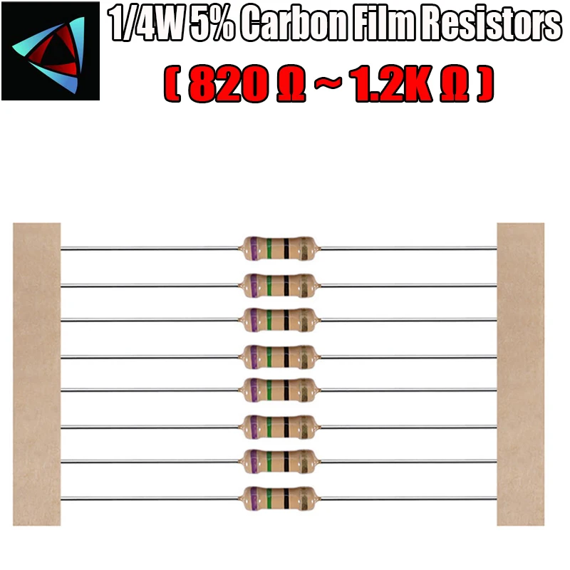 100pcs 1/4W 5% Carbon Film Resistor 820 910 1K 1.2K ohm