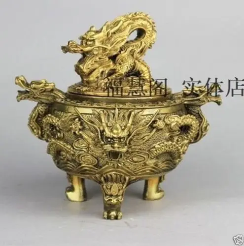 Excellent Chinese Brass Dragon Statue Incense Burner / Censer