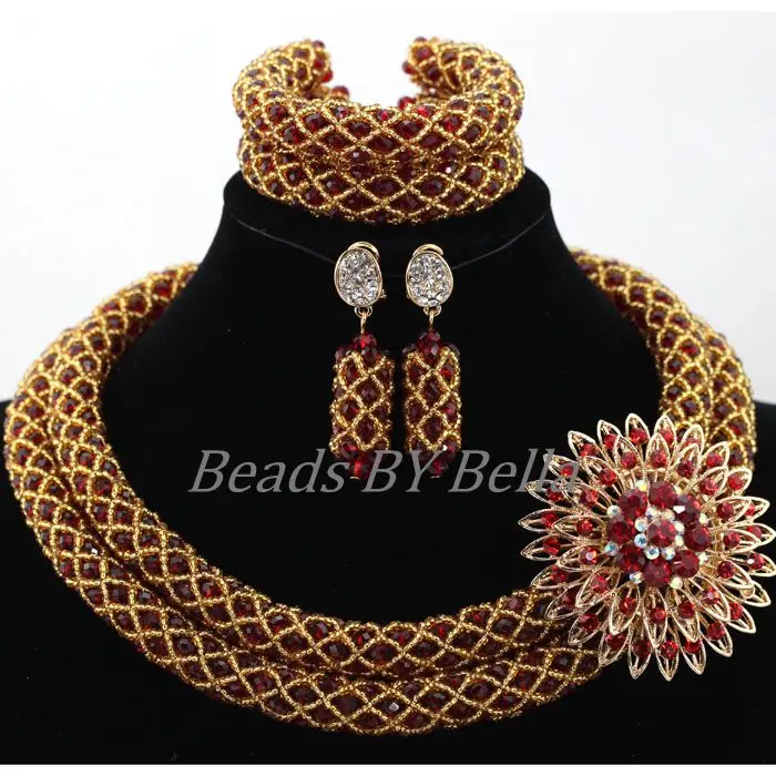 

Champagne Gold Seed Beads Wine Crystal African Lace Jewelry Sets Nigerian Wedding Beads Necklace for Women Free Shipping ABK980