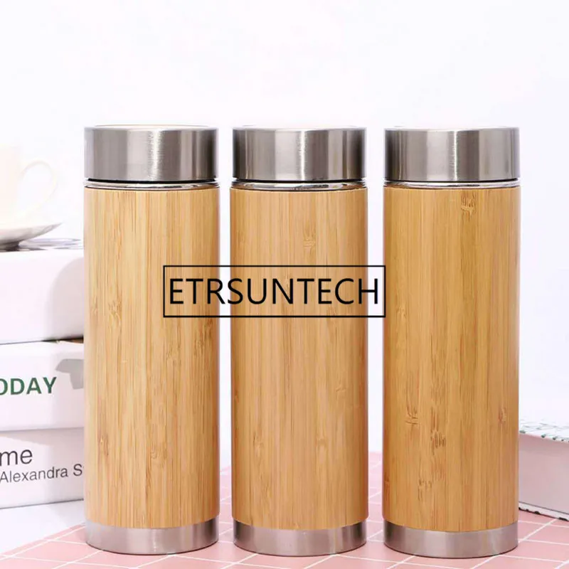 10pcs 360ml 450ml Bamboo Stainless Steel Water Bottle Vacuum Insulated Coffee Travel Vacuum Cup With Tea Infuser Strainer