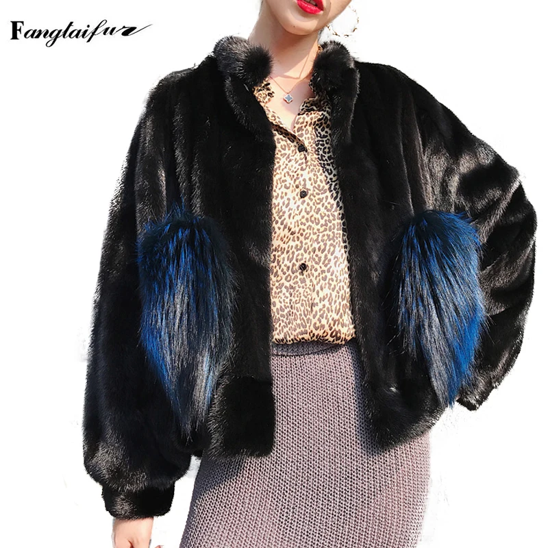 

Ftangaiur Winter Import Velvet Mink Fur Coat Mandarin Collar Fox Fur Pocket Mink Coat Women Causal Short Real Mink Coats