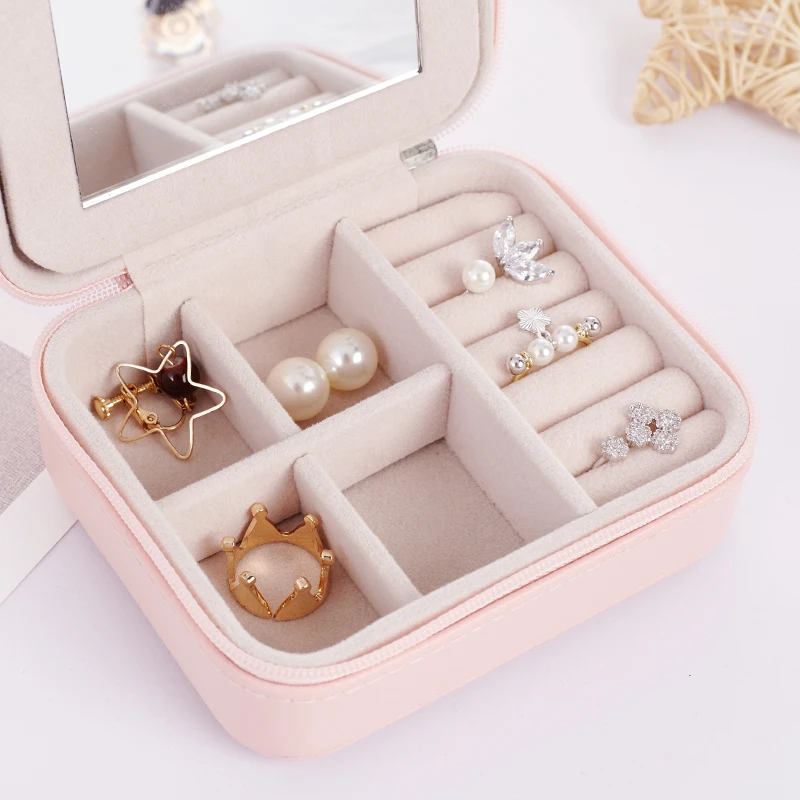 Hot sale pretty Leather Travel Portable Mini stud earring ring Jewelry Box Case with Mirror Jewelry Display Box Makeup Organizer