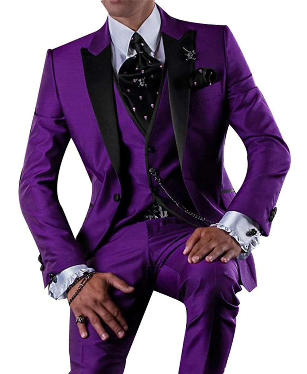 Men Suit Purple 3 Pieces Formal Party Suits Slim Fit Blazer Jacket Vest & Pants Wedding Dress Suit