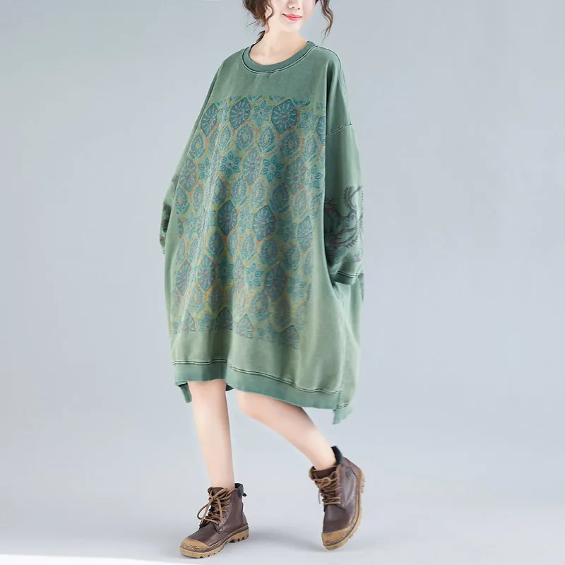 Baggy Ethnic style Print Dress Long Sleeve O Neck Printed Vintage Dress Casual Bat Sleeve Extra Loose Knee Length Dress