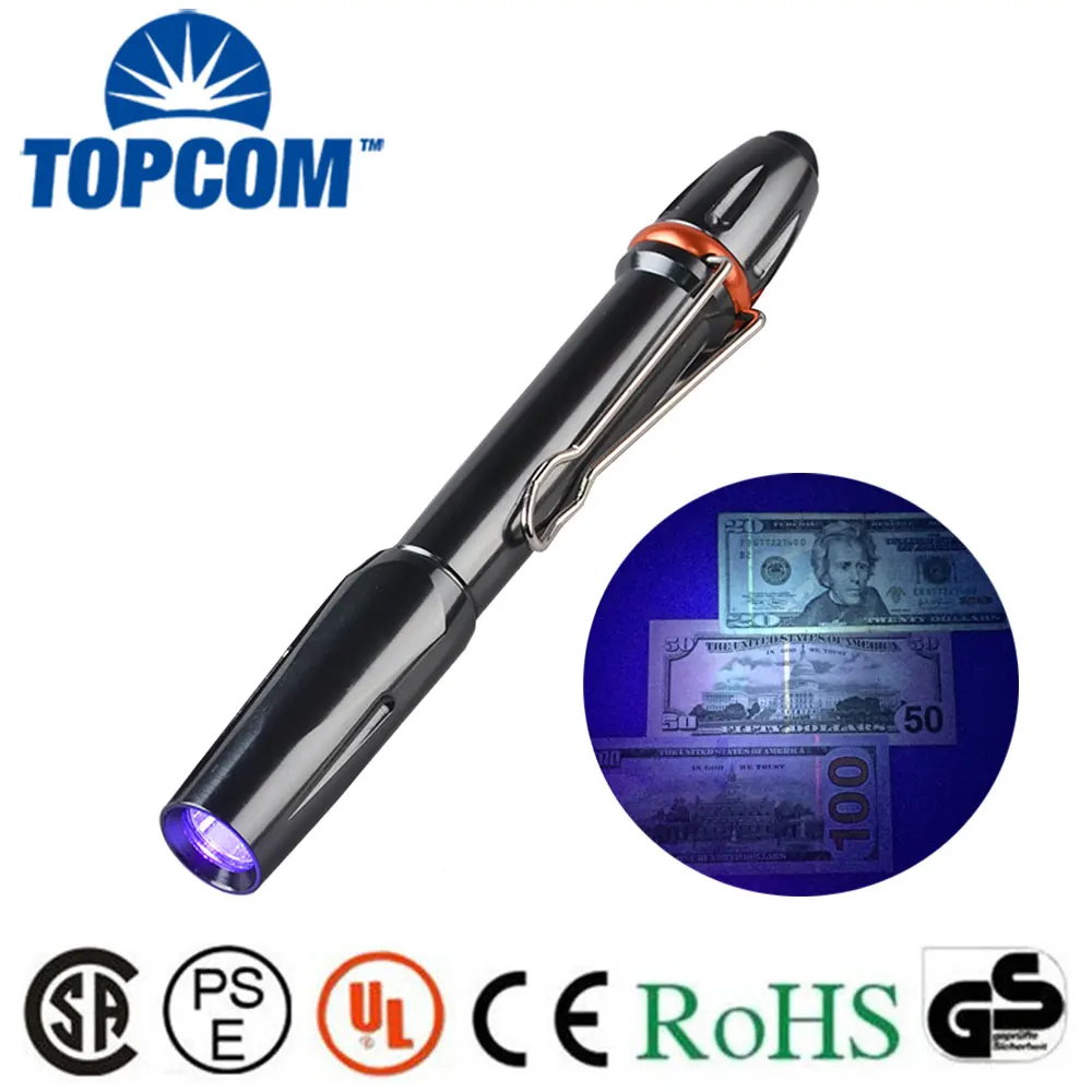 TopCom 365nm UV Light Mini Pocket UV Pen Light 3W LED Ultraviolet Lamp UV Black Light Torch Pen Flashlight Use AAA Battery