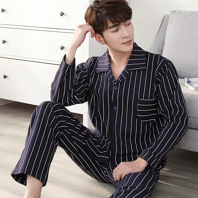 Pajamas Men Spring And Autumn Mens Pyjamas Cotton Striped Pajamas Long-sleeve Sleepwear Casual Men Pajama Set Big Yards M-3XL