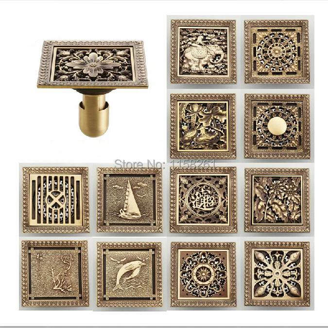 Drains 12*12cm Antique Brass Shower Floor Drain Bathroom Deodorant Euro Square Floor Drain Strainer Cover Grate Waste HJ-8702S