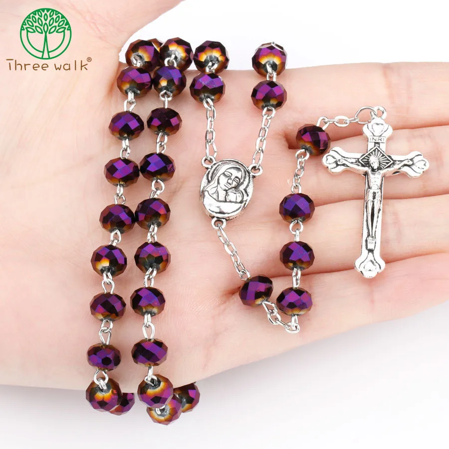 CR001 Crystal Beads Catholic Rosary Necklace Virgin Holy Land Holy Baby Religious Cross Necklaces Men and Women Christmas Gift