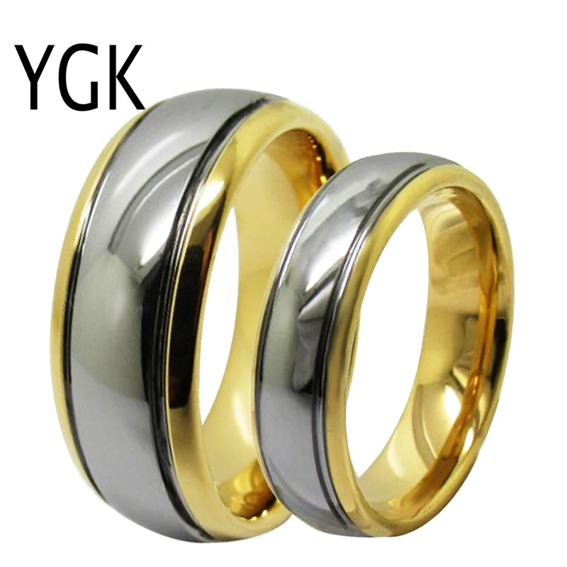 YGK Jewelry Silver Finished Center With Grooves Golden Dome Tungsten Wedding Ring For Men & Women Bridegroom Ring Free Engrave