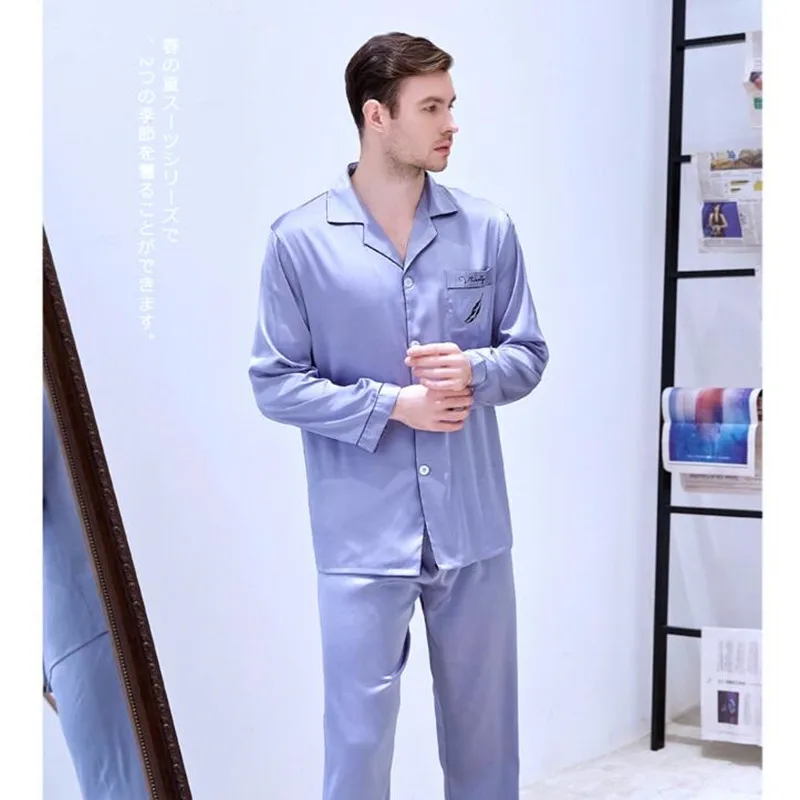 Men's Silk Long-sleeved Home Clothes Students Sleepwear Set Loungewear Satin Leisure Youth Plus Size All Seasons Nightwear J012