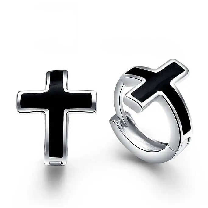 Fashion Zwart Kruis 925 Zilveren Naald Mannen Stud Oorbellen Sieraden Valentijnsdag Gift Drop Shipping Man Geen Fade groothandel