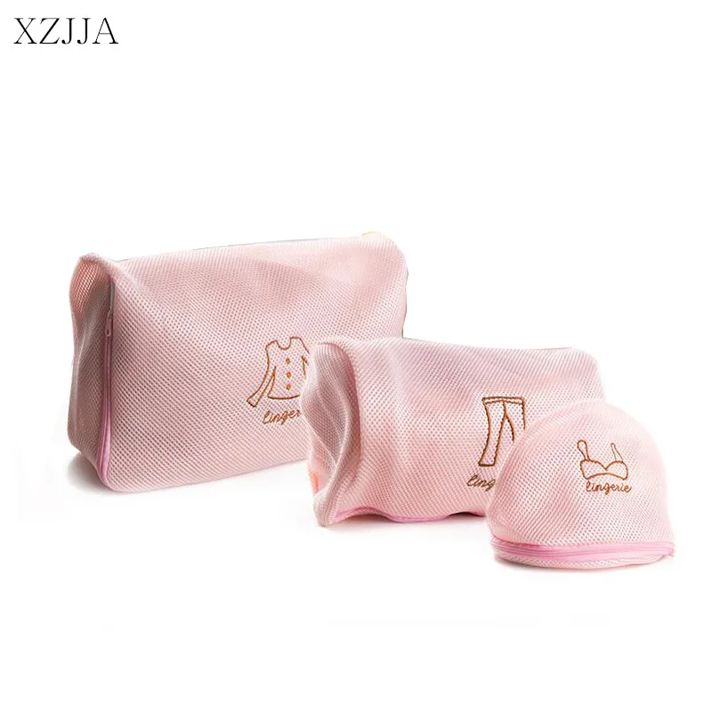 XZJJA Pink Thickened Laundry Bags Women Bra Socks Trousers Tops Underpants Zipper Mesh Washing Bag Pouch Clothes Protector Case