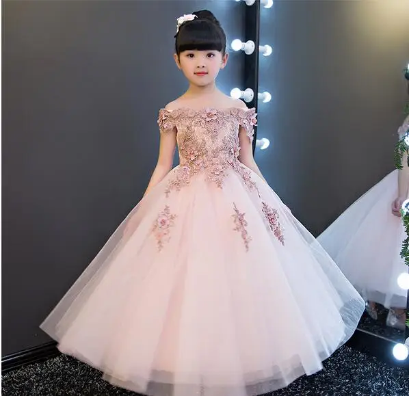 

2017 Glizt Girls Shoulderless Wedding Dress Bead Appliques Party Tulle Princess Birthday Dress First Communion Gown for Girls