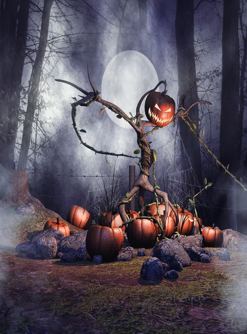 Capisco Halloween Photography Backdrops Full Moon Pumpkin Lantern on Tree Trunk Spider Web Kids Children Party Photo Backgrounds