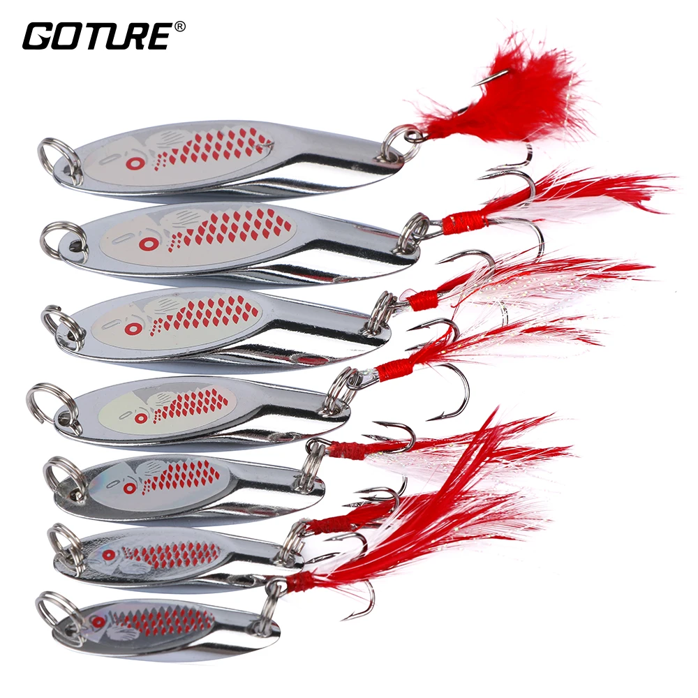 Goture Fishing Trout Spoon Metal Lure Bass Fishing Spinner Bait 7g 10g Stainless Mustad Hooks With Feather Artificial Bait