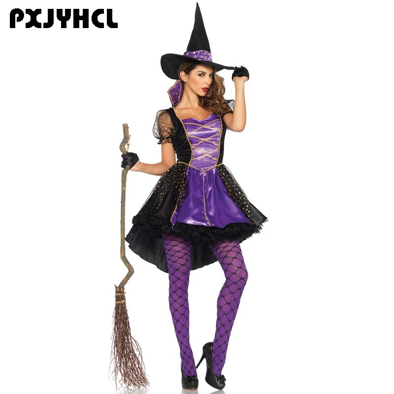 

Halloween Witch Cosplay Costume For Women Fantasia Sexy Purple Swallow Tail Braces Dress Adult Carnival Party Suit With Hat