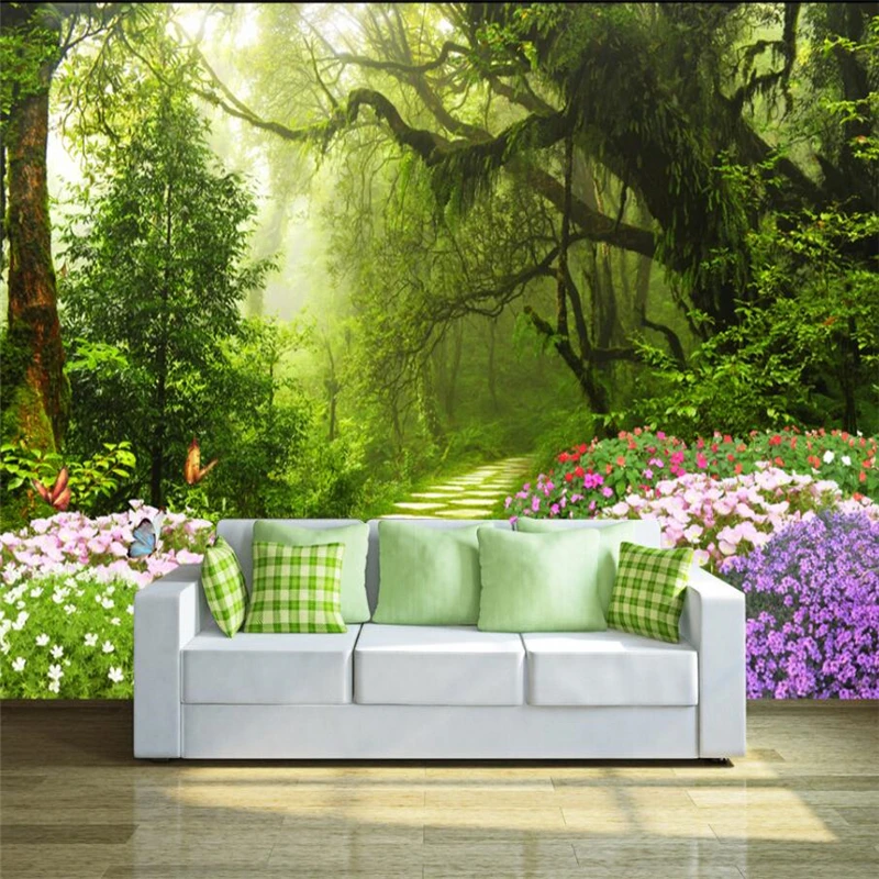 

wellyu Fresh original forest path 3D TV background custom large mural green silk cloth wallpaper papel de parede para quarto