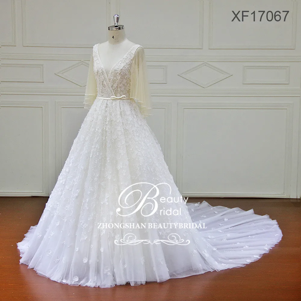 Vestidos de Noiva A-Line Luxury Wedding Dress Full Sleeve Wedding Dresses Lace Appliques Illusion Beach XF17067