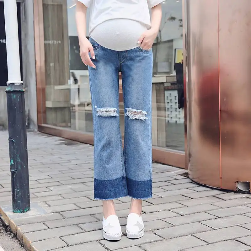 

Pregnant women pants spring and autumn 2018 wear casual wide leg nine points jeans loose large size stomach lift pants