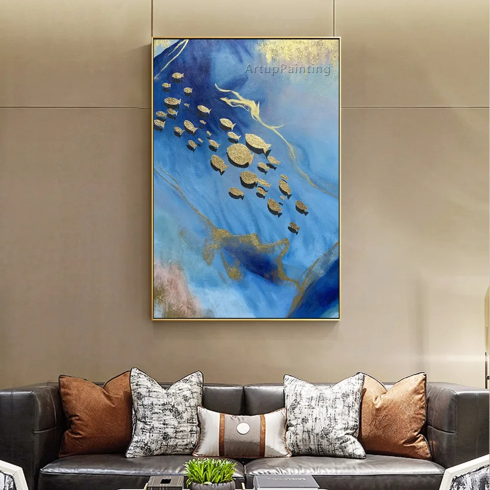 

Blue Sea Gold Fish Abstract Oil Painting on Canvas Acrylic Wall Art Painting for Living Room Home Caudros Decoracion