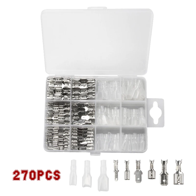 270Pcs Spade Crimp Terminals 2.8/4.8/6.3mm Electrical Insulating Sleeve Wire Wrap Connectors Male/Female Kit