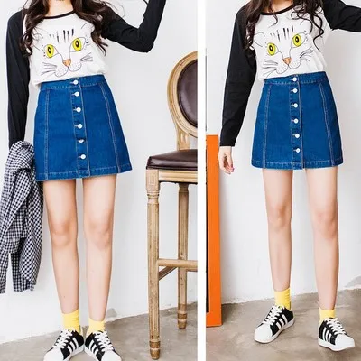 OLGITUM 2020 Fashion Women Vintage A-line Pencil Jeans Skirt Front Button High Waist Denim Skirt Female Ladies Jupe SK123