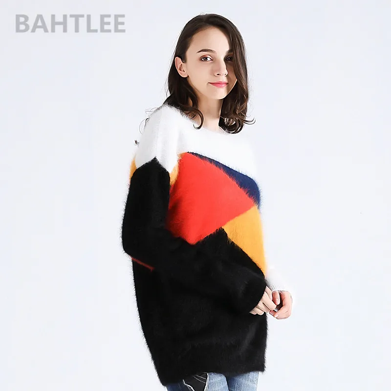 BAHTLEE-Women's Angora Rabbit Knitted Pullovers, Long Sleeve Sweater, O-Neck, Keep Warm, Polychromatic Patchwork, Autumn, Winter