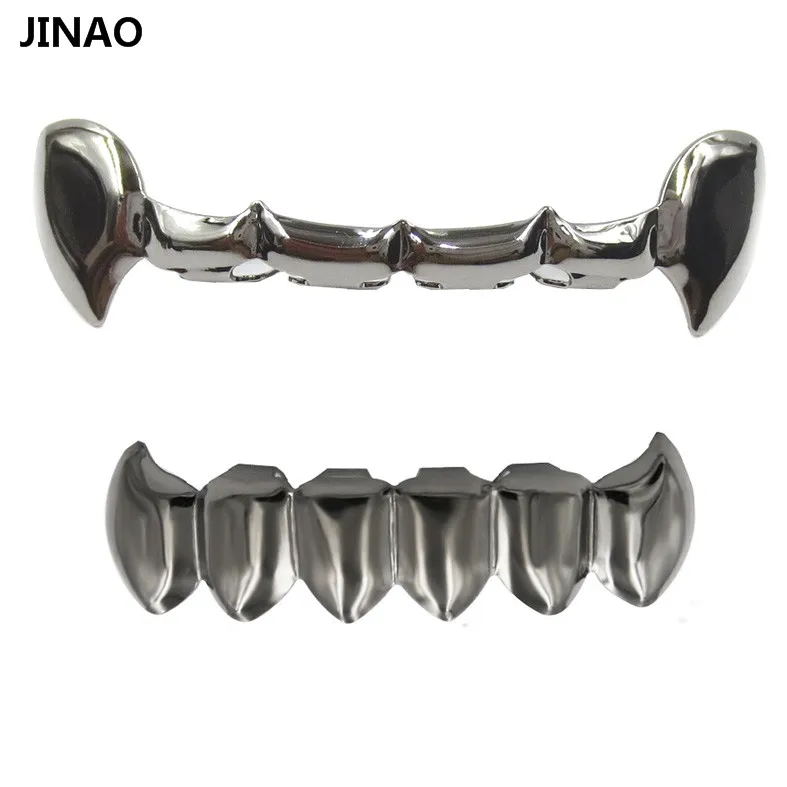 JINAO New Fit Gold Color Plated Hip Hop Teeth Half Fang Top & Solid Fangs Bottom Grillz Vampire Set.Gift