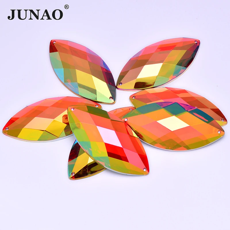 JUNAO 30*62mm Sew On Large Crystal AB Rhinestone Horse Eye Acrylic Stones Applique Flat Back Strass Diamond Sewing Crystal Gems