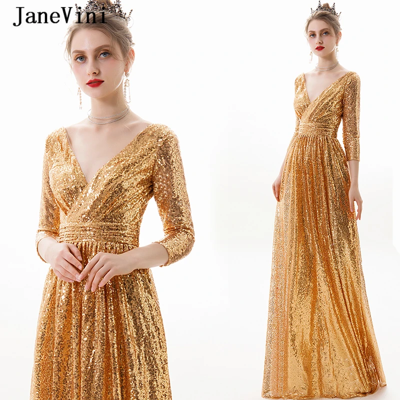 

JaneVini BlingBling Sequined Gold Long Prom Dresses with Sleeves A Line 2019 Sexy Deep V Neck Plus Size Prom Dress Floor Length