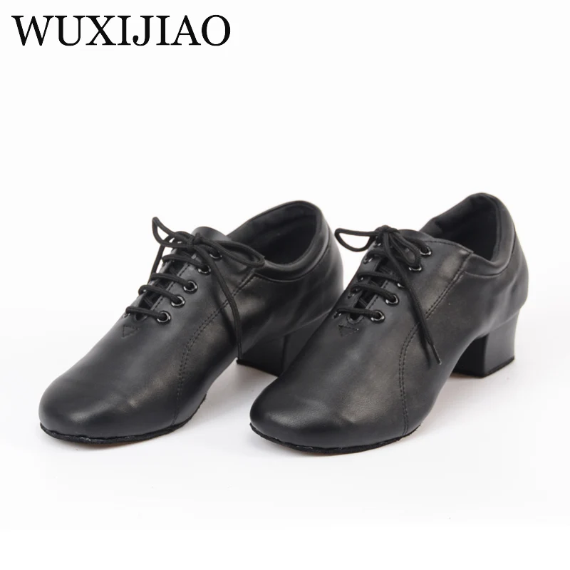 WUXIJIAO-zapatos de baile de salón de cuero auténtico para hombre, calzado de baile latino de 4,5 cm, personalizable