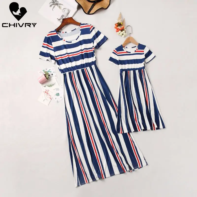 Chivry New Mother Daughter Dresses Short Sleeve Striped Long Maxi Dress Mom and Daughter Dress Family Matching Outfits Clothes