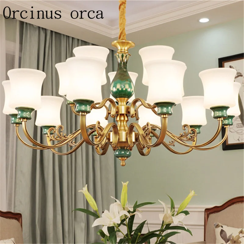 New American country garden whole copper chandelier living room dining room European style luxury jade green Chandelier